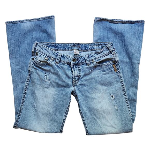 Silver Jeans Womens Size 31x33 Frances Distressed Patched Light Blue Low Rise - Picture 1 of 12